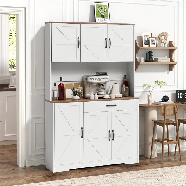 Alt view image 2 of 7 - GRUSIGN 71" Pantry Cabinet with Charging Station, Large Capacity Kitchen Hutch Storage Cabinet, Kitchen Cabinet with Microwave Stand, Storage Drawers & Adjustable Shelves for Dining Room, White