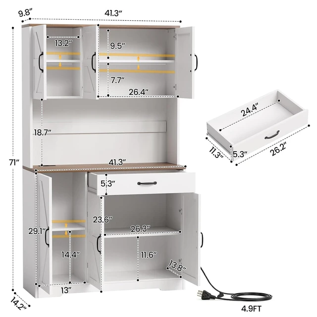 Alt view image 3 of 7 - GRUSIGN 71" Pantry Cabinet with Charging Station, Large Capacity Kitchen Hutch Storage Cabinet, Kitchen Cabinet with Microwave Stand, Storage Drawers & Adjustable Shelves for Dining Room, White