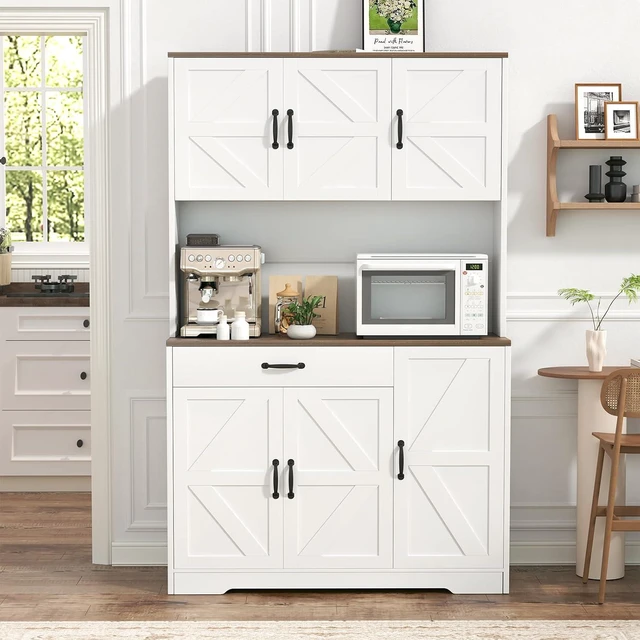 Alt view image 4 of 7 - GRUSIGN 71" Pantry Cabinet with Charging Station, Large Capacity Kitchen Hutch Storage Cabinet, Kitchen Cabinet with Microwave Stand, Storage Drawers & Adjustable Shelves for Dining Room, White