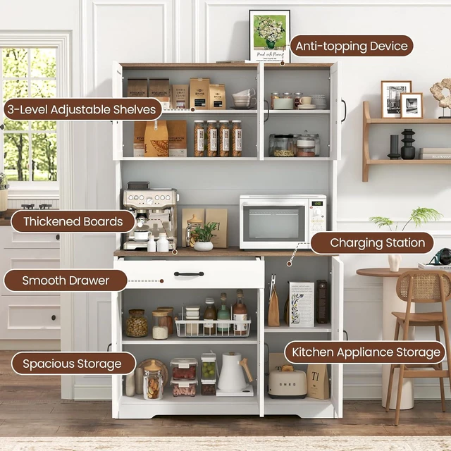 Alt view image 5 of 7 - GRUSIGN 71" Pantry Cabinet with Charging Station, Large Capacity Kitchen Hutch Storage Cabinet, Kitchen Cabinet with Microwave Stand, Storage Drawers & Adjustable Shelves for Dining Room, White