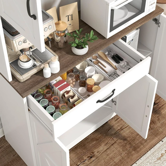 Alt view image 7 of 7 - GRUSIGN 71" Pantry Cabinet with Charging Station, Large Capacity Kitchen Hutch Storage Cabinet, Kitchen Cabinet with Microwave Stand, Storage Drawers & Adjustable Shelves for Dining Room, White