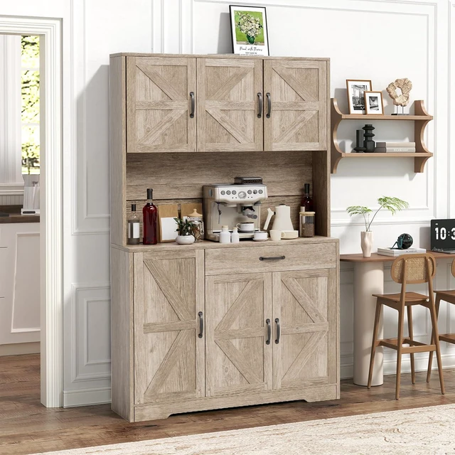 Alt view image 2 of 7 - GRUSIGN 71" Pantry Cabinet with Charging Station, Large Capacity Kitchen Hutch Storage Cabinet, Kitchen Cabinet with Microwave Stand, Storage Drawers & Adjustable Shelves for Dining Room, Grey