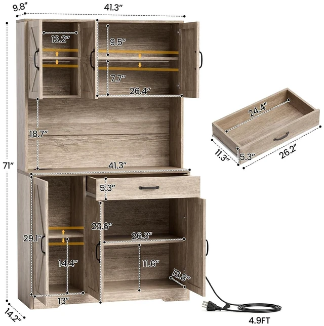 Alt view image 3 of 7 - GRUSIGN 71" Pantry Cabinet with Charging Station, Large Capacity Kitchen Hutch Storage Cabinet, Kitchen Cabinet with Microwave Stand, Storage Drawers & Adjustable Shelves for Dining Room, Grey