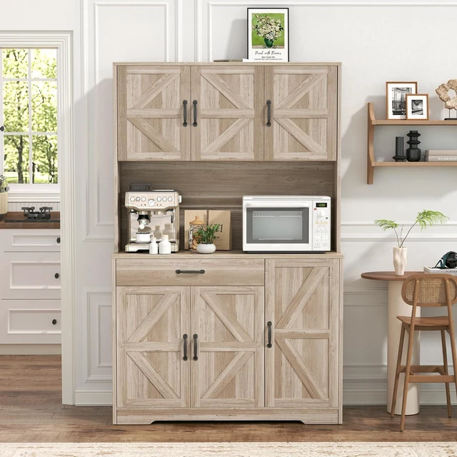 Alt view image 4 of 7 - GRUSIGN 71" Pantry Cabinet with Charging Station, Large Capacity Kitchen Hutch Storage Cabinet, Kitchen Cabinet with Microwave Stand, Storage Drawers & Adjustable Shelves for Dining Room, Grey