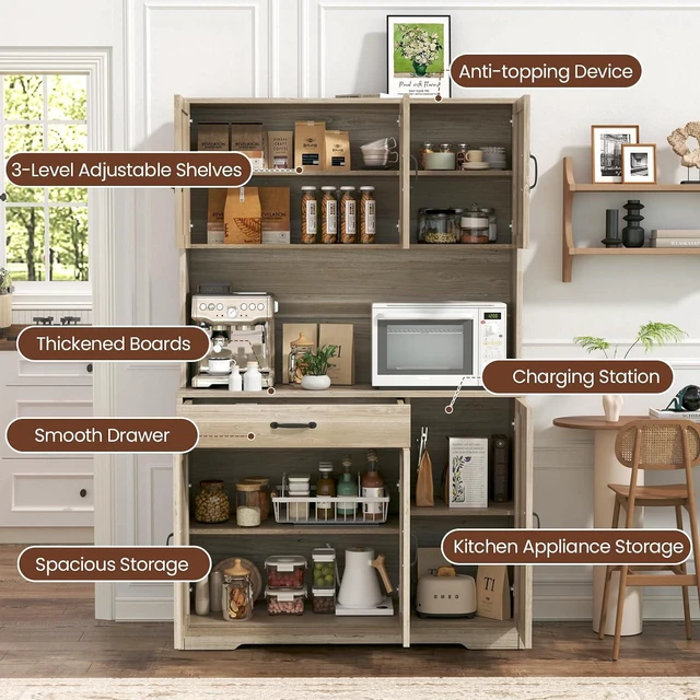 Alt view image 5 of 7 - GRUSIGN 71" Pantry Cabinet with Charging Station, Large Capacity Kitchen Hutch Storage Cabinet, Kitchen Cabinet with Microwave Stand, Storage Drawers & Adjustable Shelves for Dining Room, Grey