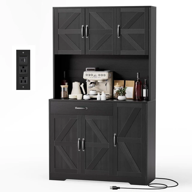 Main image of GRUSIGN 71" Pantry Cabinet with Charging Station, Large Capacity Kitchen Hutch Storage Cabinet, Kitchen Cabinet with Microwave Stand, Storage Drawers & Adjustable Shelves for Dining Room, Black