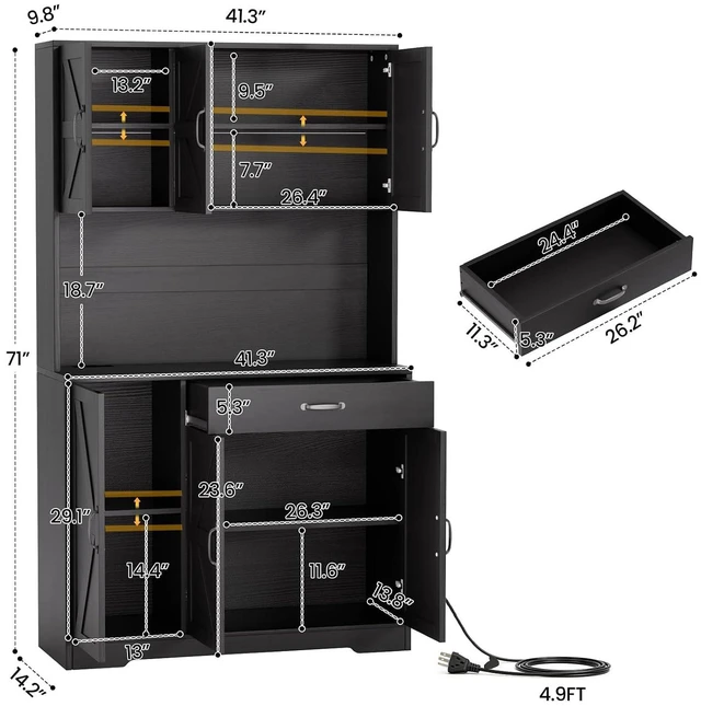 Alt view image 3 of 7 - GRUSIGN 71" Pantry Cabinet with Charging Station, Large Capacity Kitchen Hutch Storage Cabinet, Kitchen Cabinet with Microwave Stand, Storage Drawers & Adjustable Shelves for Dining Room, Black
