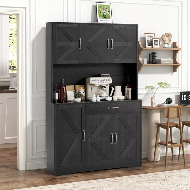 Alt view image 2 of 7 - GRUSIGN 71" Pantry Cabinet with Charging Station, Large Capacity Kitchen Hutch Storage Cabinet, Kitchen Cabinet with Microwave Stand, Storage Drawers & Adjustable Shelves for Dining Room, Black