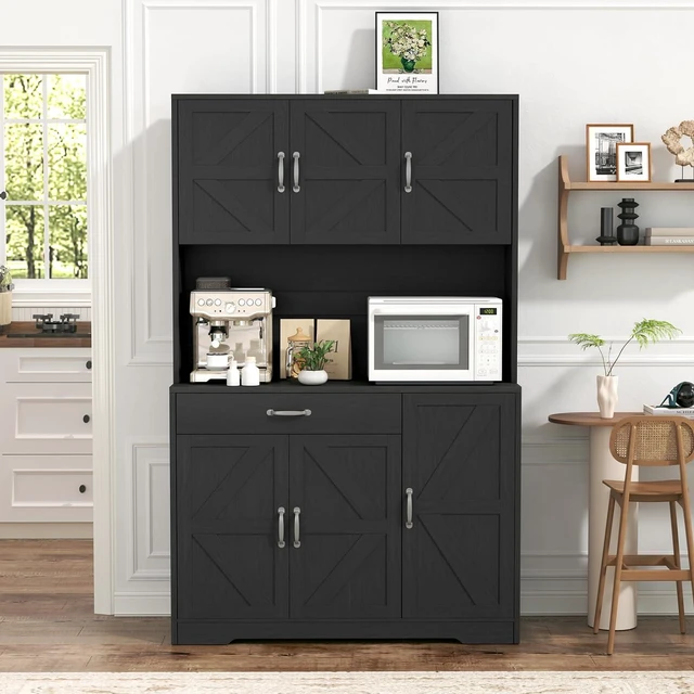 Alt view image 4 of 7 - GRUSIGN 71" Pantry Cabinet with Charging Station, Large Capacity Kitchen Hutch Storage Cabinet, Kitchen Cabinet with Microwave Stand, Storage Drawers & Adjustable Shelves for Dining Room, Black