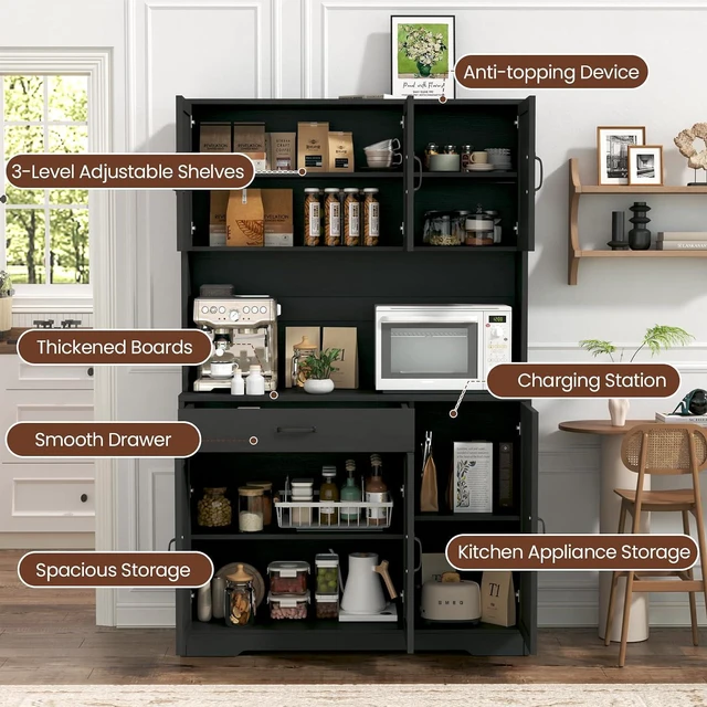Alt view image 5 of 7 - GRUSIGN 71" Pantry Cabinet with Charging Station, Large Capacity Kitchen Hutch Storage Cabinet, Kitchen Cabinet with Microwave Stand, Storage Drawers & Adjustable Shelves for Dining Room, Black