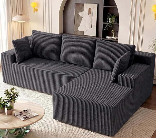 Main image of GRUSIGN Cloud Sectional Boneless Couches for Living Room, Modular L Shaped Couch with Deep Seat Oversized Right Facing Chaise, Memory Foam Compressed Spineless 3 Seater Sofa, Wide-Striped Grey