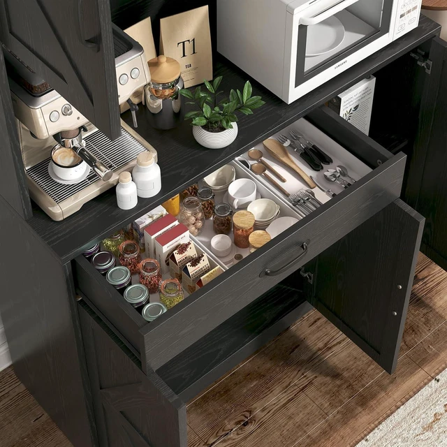 Alt view image 7 of 7 - GRUSIGN 71" Pantry Cabinet with Charging Station, Large Capacity Kitchen Hutch Storage Cabinet, Kitchen Cabinet with Microwave Stand, Storage Drawers & Adjustable Shelves for Dining Room, Black