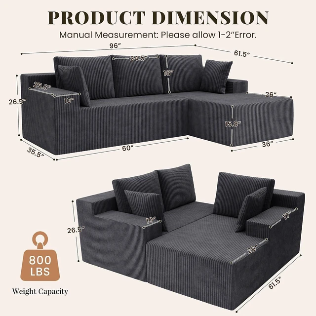 Alt view image 2 of 7 - GRUSIGN Cloud Sectional Boneless Couches for Living Room, Modular L Shaped Couch with Deep Seat Oversized Right Facing Chaise, Memory Foam Compressed Spineless 3 Seater Sofa, Wide-Striped Grey