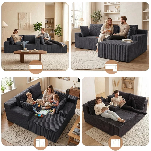 Alt view image 3 of 7 - GRUSIGN Cloud Sectional Boneless Couches for Living Room, Modular L Shaped Couch with Deep Seat Oversized Right Facing Chaise, Memory Foam Compressed Spineless 3 Seater Sofa, Wide-Striped Grey