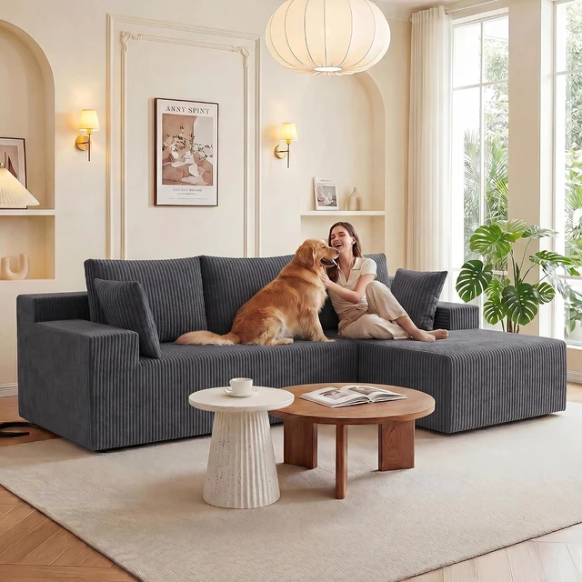 Alt view image 6 of 7 - GRUSIGN Cloud Sectional Boneless Couches for Living Room, Modular L Shaped Couch with Deep Seat Oversized Right Facing Chaise, Memory Foam Compressed Spineless 3 Seater Sofa, Wide-Striped Grey
