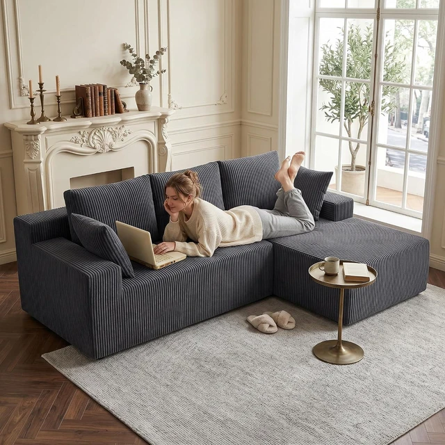 Alt view image 5 of 7 - GRUSIGN Cloud Sectional Boneless Couches for Living Room, Modular L Shaped Couch with Deep Seat Oversized Right Facing Chaise, Memory Foam Compressed Spineless 3 Seater Sofa, Wide-Striped Grey