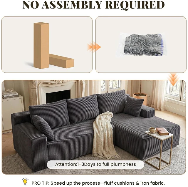 Alt view image 7 of 7 - GRUSIGN Cloud Sectional Boneless Couches for Living Room, Modular L Shaped Couch with Deep Seat Oversized Right Facing Chaise, Memory Foam Compressed Spineless 3 Seater Sofa, Wide-Striped Grey