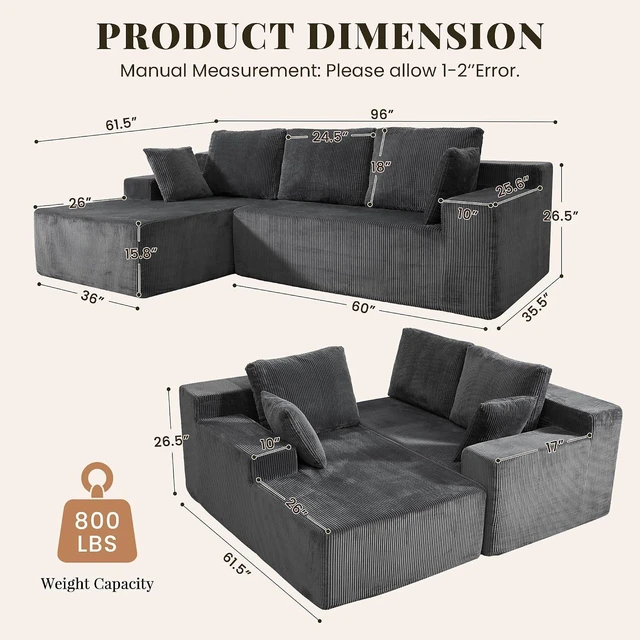 Alt view image 2 of 7 - GRUSIGN Cloud Sectional Boneless Couches for Living Room, Modular L Shaped Couch with Deep Seat Oversized Left Facing Chaise, Memory Foam Compressed Spineless 3 Seater Sofa for Apartment, Grey
