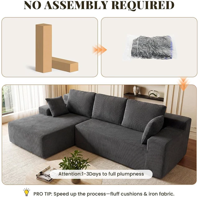 Alt view image 6 of 7 - GRUSIGN Cloud Sectional Boneless Couches for Living Room, Modular L Shaped Couch with Deep Seat Oversized Left Facing Chaise, Memory Foam Compressed Spineless 3 Seater Sofa for Apartment, Grey