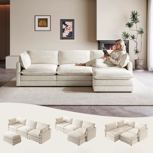 Main image of ROWHY 104'' Modular Sectional Cloud Couch with Movable Ottoman, 4 Seat Modern Corduroy Sofa, Deep Seat L Shaped Couch for Living Room Bedroom Apartment, Beige