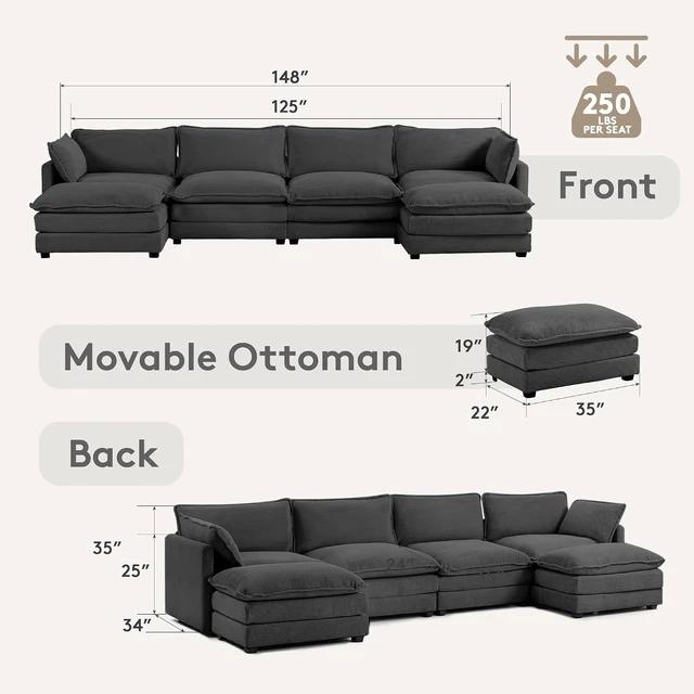 Alt view image 2 of 7 - ROWHY 148'' Modular Sectional Cloud Couch with 2 Movable Ottomans, Oversized 6 Seat Modern Corduroy Sofas, Deep Seat U Shaped Couch for Living Room Bedroom Apartment,Dark Grey