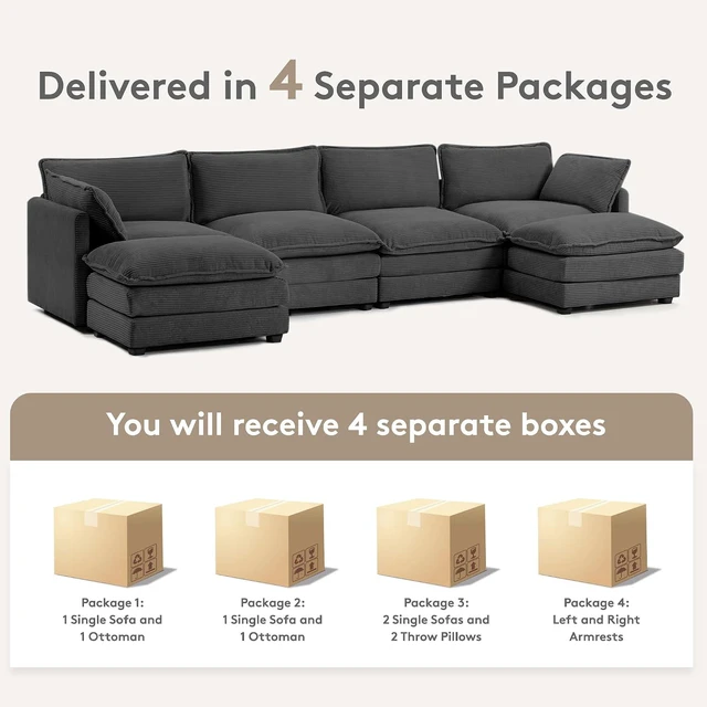 Alt view image 4 of 7 - ROWHY 148'' Modular Sectional Cloud Couch with 2 Movable Ottomans, Oversized 6 Seat Modern Corduroy Sofas, Deep Seat U Shaped Couch for Living Room Bedroom Apartment,Dark Grey