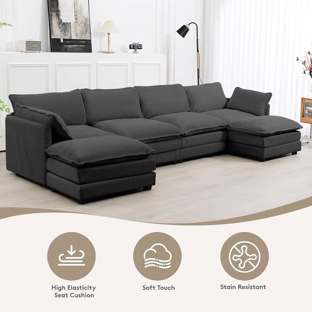 Alt view image 3 of 7 - ROWHY 148'' Modular Sectional Cloud Couch with 2 Movable Ottomans, Oversized 6 Seat Modern Corduroy Sofas, Deep Seat U Shaped Couch for Living Room Bedroom Apartment,Dark Grey