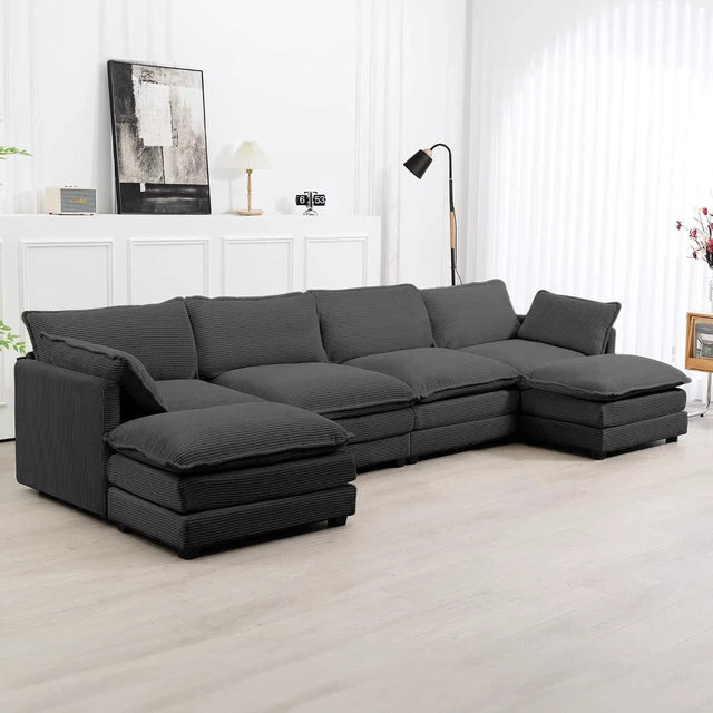 Alt view image 6 of 7 - ROWHY 148'' Modular Sectional Cloud Couch with 2 Movable Ottomans, Oversized 6 Seat Modern Corduroy Sofas, Deep Seat U Shaped Couch for Living Room Bedroom Apartment,Dark Grey