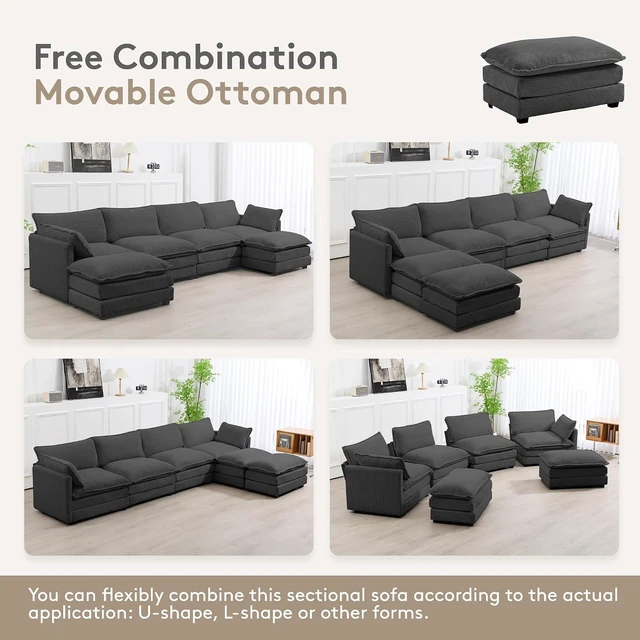 Alt view image 7 of 7 - ROWHY 148'' Modular Sectional Cloud Couch with 2 Movable Ottomans, Oversized 6 Seat Modern Corduroy Sofas, Deep Seat U Shaped Couch for Living Room Bedroom Apartment,Dark Grey