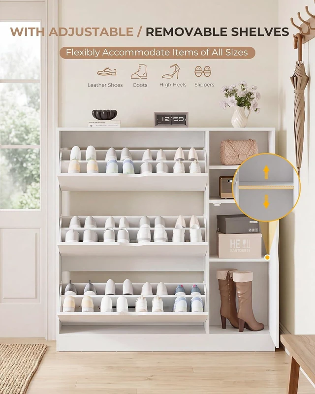 Alt view image 3 of 7 - GRUSIGN Shoe Cabinet for Entryway with 3 Flip Drawers, Narrow Shoe Storage Cabinet, Hidden Slim Shoe Organizer with Adjustable Shelf for Foyer, Hallway