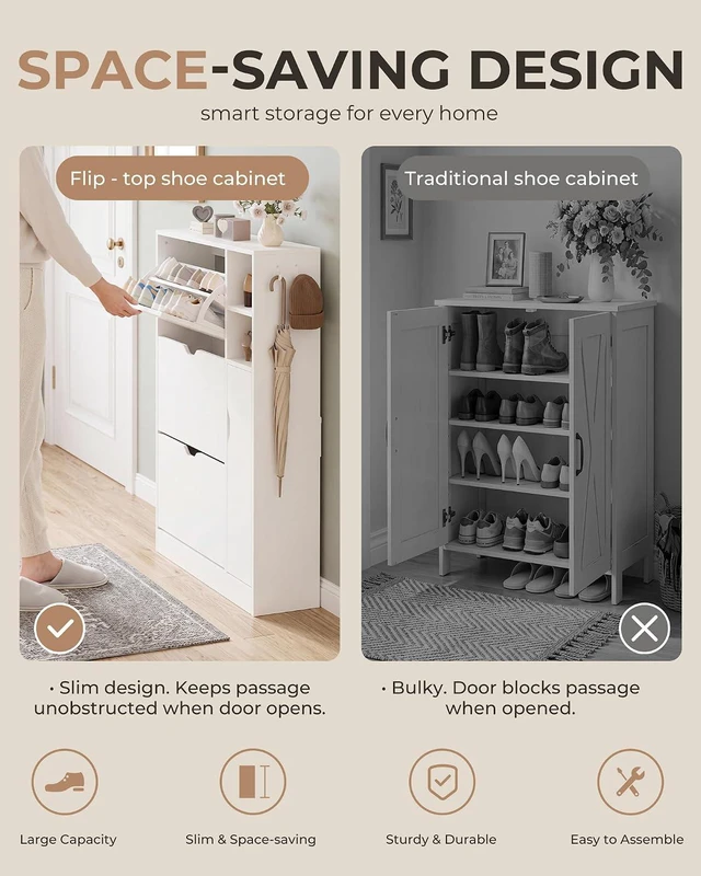 Alt view image 7 of 7 - GRUSIGN Shoe Cabinet for Entryway with 3 Flip Drawers, Narrow Shoe Storage Cabinet, Hidden Slim Shoe Organizer with Adjustable Shelf for Foyer, Hallway