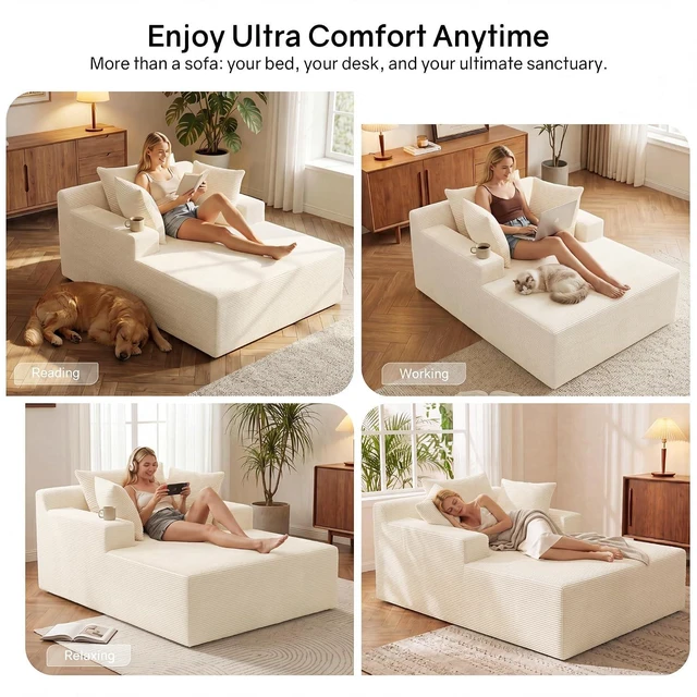 Alt view image 6 of 7 - 66" Chaise Lounge Chair Indoor, Oversized Boneless Lounge Chair with 3 Pillows, Cloud Reading Chair for Living Room Bedroom, Deep Seat Sleeper Couch, No Assembly Required