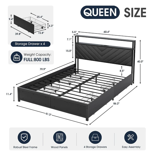 Alt view image 2 of 7 - GRUSIGN Queen Bed Frame with 4 Storage Drawers, Upholstered Storage Headboard, Metal Platform with Charging Station & LED Lights, Noise-Free, Easy Assembly, No Box Spring Needed