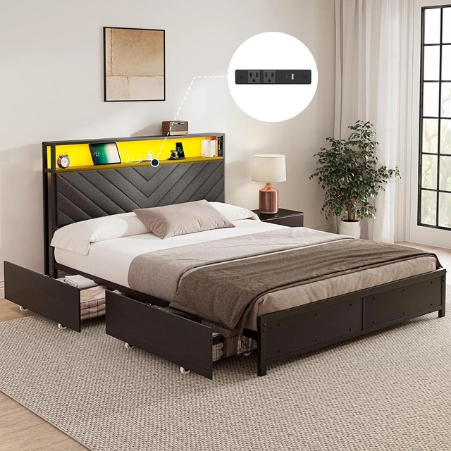 Main image of GRUSIGN Queen Bed Frame with 4 Storage Drawers, Upholstered Storage Headboard, Metal Platform with Charging Station & LED Lights, Noise-Free, Easy Assembly, No Box Spring Needed
