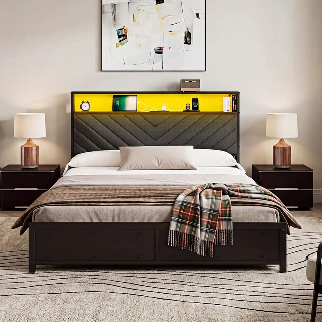 Alt view image 7 of 7 - GRUSIGN Queen Bed Frame with 4 Storage Drawers, Upholstered Storage Headboard, Metal Platform with Charging Station & LED Lights, Noise-Free, Easy Assembly, No Box Spring Needed