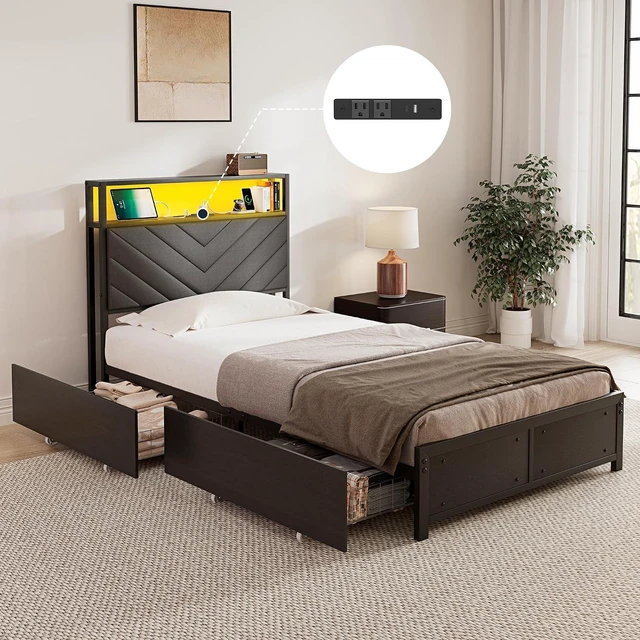 Main image of GRUSIGN Twin Bed Frame with 4 Storage Drawers, Upholstered Storage Headboard, Metal Platform with Charging Station & LED Lights, Noise-Free, Easy Assembly, No Box Spring Needed