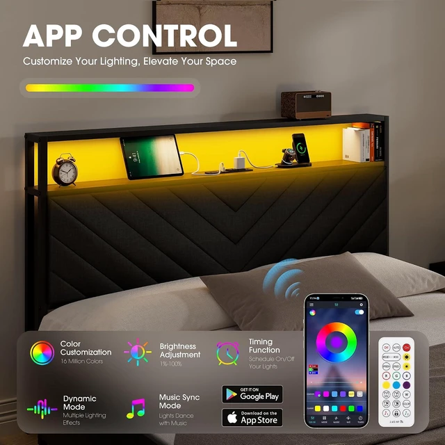 Alt view image 4 of 7 - GRUSIGN Queen Bed Frame with 4 Storage Drawers, Upholstered Storage Headboard, Metal Platform with Charging Station & LED Lights, Noise-Free, Easy Assembly, No Box Spring Needed
