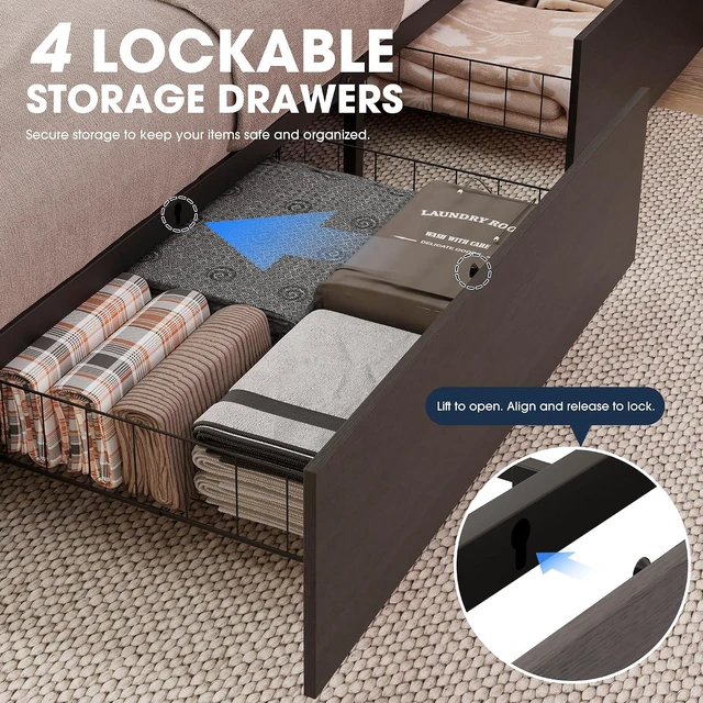 Alt view image 5 of 7 - GRUSIGN Queen Bed Frame with 4 Storage Drawers, Upholstered Storage Headboard, Metal Platform with Charging Station & LED Lights, Noise-Free, Easy Assembly, No Box Spring Needed