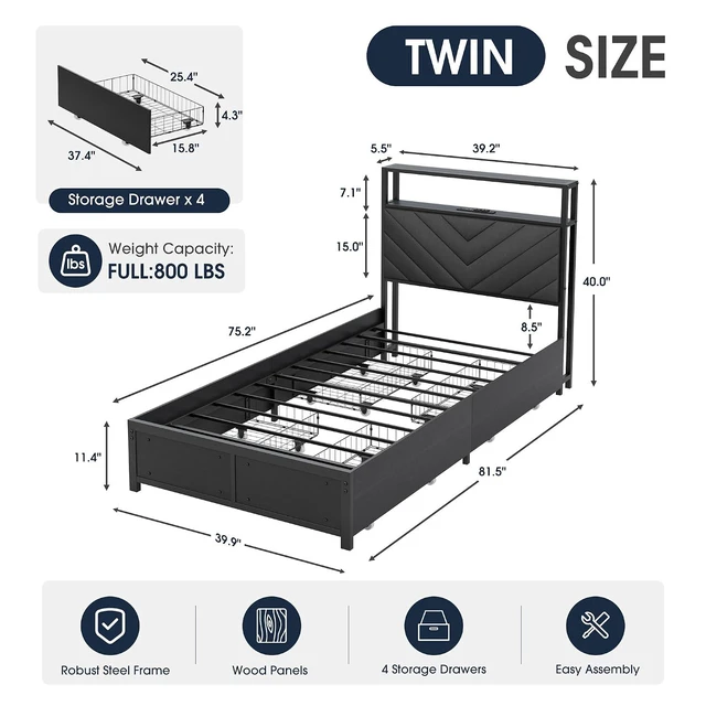 Alt view image 2 of 7 - GRUSIGN Twin Bed Frame with 4 Storage Drawers, Upholstered Storage Headboard, Metal Platform with Charging Station & LED Lights, Noise-Free, Easy Assembly, No Box Spring Needed