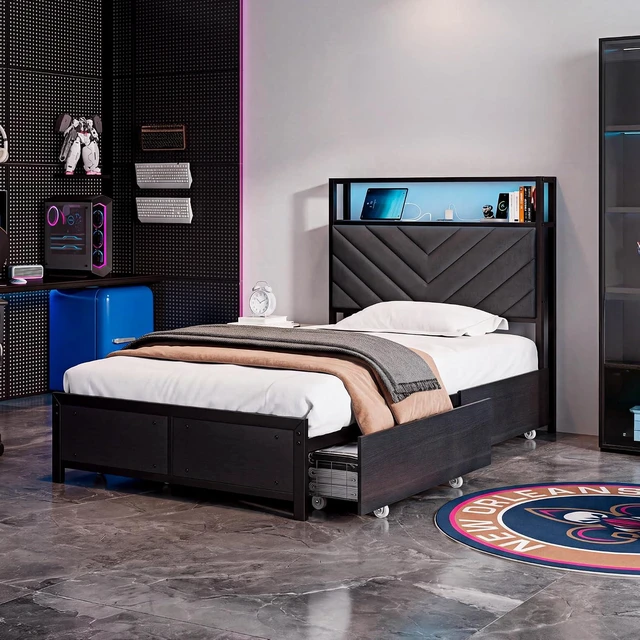 Alt view image 7 of 7 - GRUSIGN Twin Bed Frame with 4 Storage Drawers, Upholstered Storage Headboard, Metal Platform with Charging Station & LED Lights, Noise-Free, Easy Assembly, No Box Spring Needed