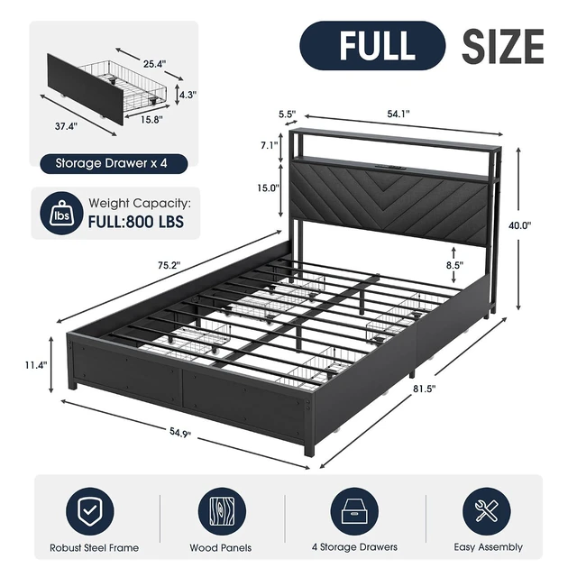 Alt view image 2 of 7 - GRUSIGN Full Bed Frame with 4 Storage Drawers, Upholstered Storage Headboard, Metal Platform with Charging Station & LED Lights, Noise-Free, Easy Assembly, No Box Spring Needed