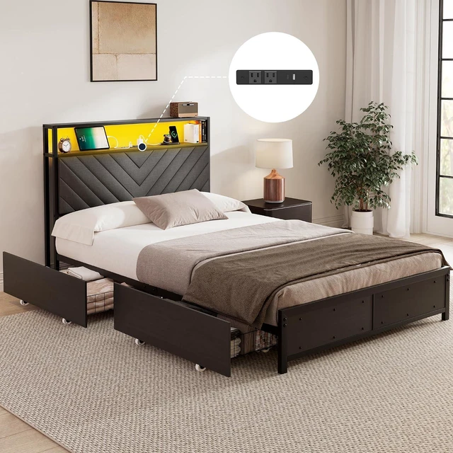 Main image of GRUSIGN Full Bed Frame with 4 Storage Drawers, Upholstered Storage Headboard, Metal Platform with Charging Station & LED Lights, Noise-Free, Easy Assembly, No Box Spring Needed