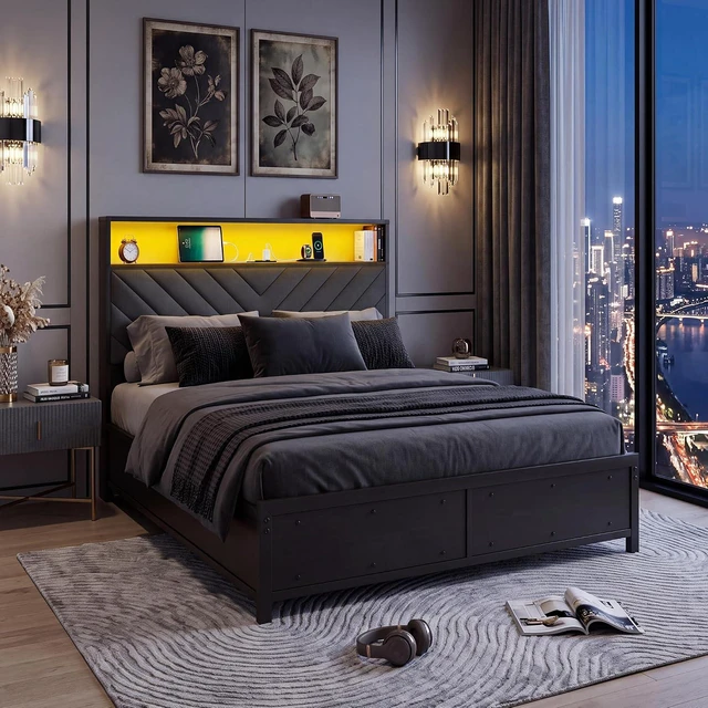 Alt view image 7 of 7 - GRUSIGN Full Bed Frame with 4 Storage Drawers, Upholstered Storage Headboard, Metal Platform with Charging Station & LED Lights, Noise-Free, Easy Assembly, No Box Spring Needed