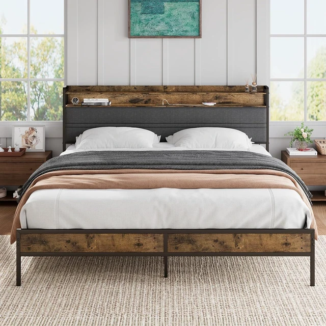 Main image of GRUSIGN Queen Bed Frame with LED Light Storage Headboard and Charging Station Type CPlatform Bed with Grey Upholstered HeadboardNo Box Spring Needed, Noise Free, Easy Assembly