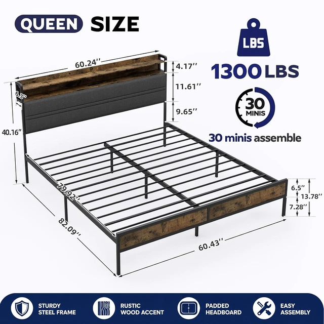 Alt view image 2 of 7 - GRUSIGN Queen Bed Frame with LED Light Storage Headboard and Charging Station Type CPlatform Bed with Grey Upholstered HeadboardNo Box Spring Needed, Noise Free, Easy Assembly