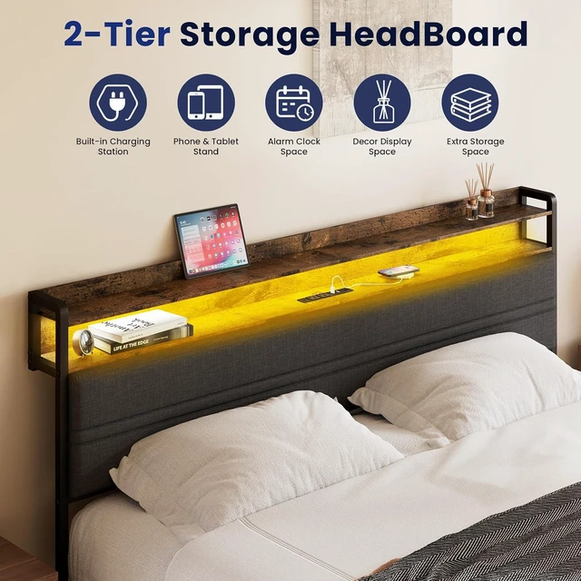 Alt view image 3 of 7 - GRUSIGN Queen Bed Frame with LED Light Storage Headboard and Charging Station Type CPlatform Bed with Grey Upholstered HeadboardNo Box Spring Needed, Noise Free, Easy Assembly