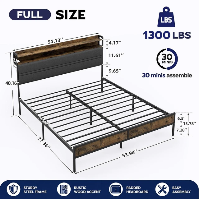 Alt view image 2 of 7 - GRUSIGN Full Bed Frame with LED Light Storage Headboard and Charging Station Type CPlatform Bed with Grey Upholstered HeadboardNo Box Spring Needed, Noise Free, Easy Assembly