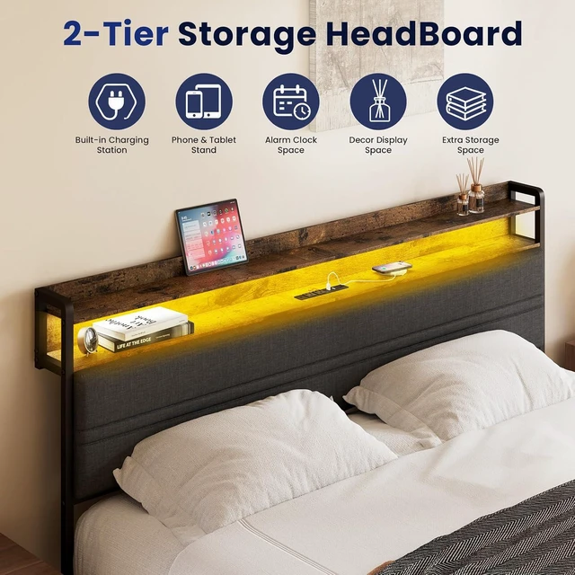 Alt view image 3 of 7 - GRUSIGN Full Bed Frame with LED Light Storage Headboard and Charging Station Type CPlatform Bed with Grey Upholstered HeadboardNo Box Spring Needed, Noise Free, Easy Assembly