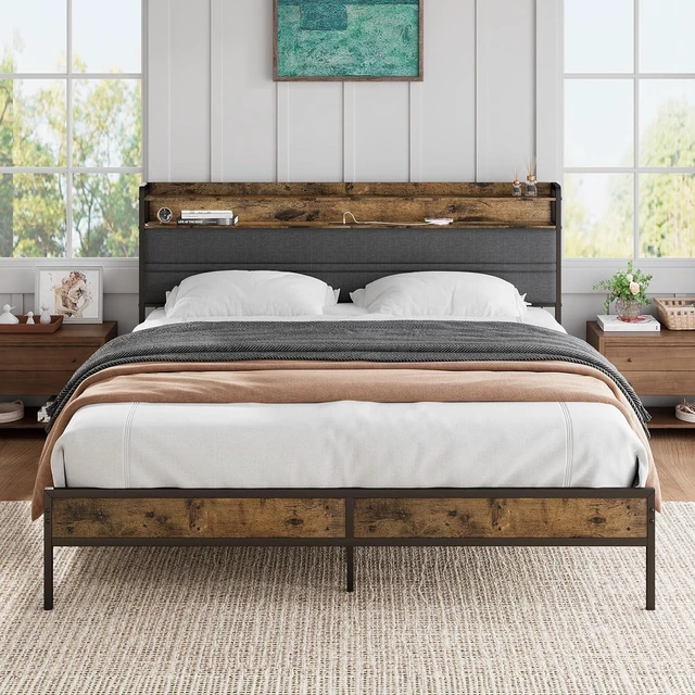 Main image of GRUSIGN Full Bed Frame with LED Light Storage Headboard and Charging Station Type CPlatform Bed with Grey Upholstered HeadboardNo Box Spring Needed, Noise Free, Easy Assembly