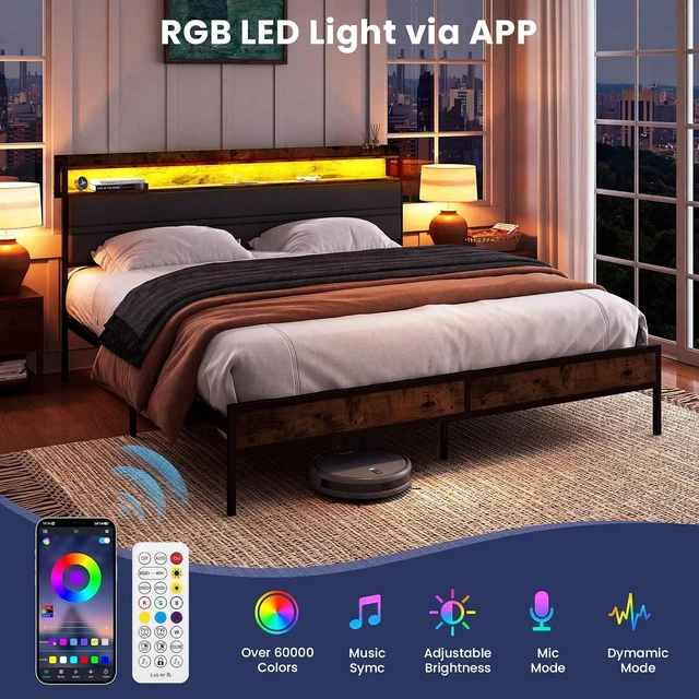 Alt view image 5 of 7 - GRUSIGN Full Bed Frame with LED Light Storage Headboard and Charging Station Type CPlatform Bed with Grey Upholstered HeadboardNo Box Spring Needed, Noise Free, Easy Assembly